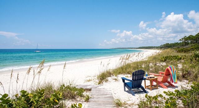 A daytime photograph looking toward a pristine, deserted white sand beach and turquoise ocean under a bright blue sky with scattered clouds. The foreground consists of natural coastal dunes covered in sea oats and native scrub. A weathered wooden plank walkway leads from the vegetation onto the sand. In the mid-ground, a dark blue Adirondack chair and a coral-pink Adirondack chair face the water. A small wooden table between them holds a water bottle and sunglasses. The pink chair has a brightly striped beach towel draped over it. Far in the distance, a small white sailboat is anchored on the calm water. The composition is empty of people, emphasizing natural beauty and solitude.