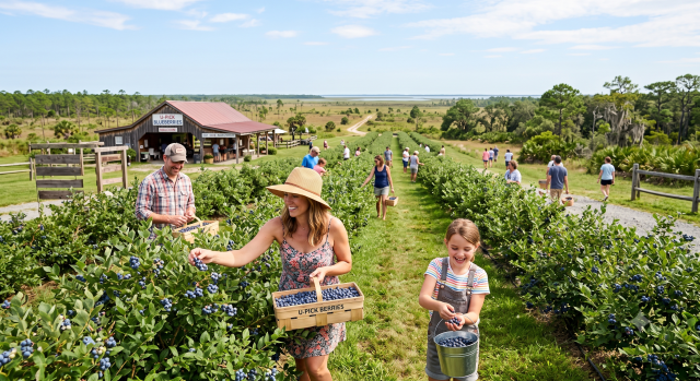 People picking blueberries on a u-pick farm.