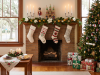 Share your Christmas traditions with us A neatly organized, bright living room decorated for Christmas, featuring a blend of global traditions. A brick fireplace is central, adorned with magnolia leaves, dried citrus slices, white candles, a wooden nutcracker, and a traditional German Christmas pyramid (Pyramide). Four distinct embroidered knit stockings hang from the mantel. To the right stands an evergreen tree decorated with straw stars, glass ornaments, Ukrainian-style painted eggs, and British Christmas crackers, surrounded by wrapped gifts. On a wooden coffee table in the foreground sits an Advent wreath with four lit white candles and plates of traditional holiday cookies. Large windows show a sunny, tree-lined view outside.