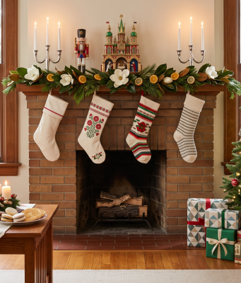 Share your Christmas traditions with us A neatly organized, bright living room decorated for Christmas, featuring a blend of global traditions. A brick fireplace is central, adorned with magnolia leaves, dried citrus slices, white candles, a wooden nutcracker, and a traditional German Christmas pyramid (Pyramide). Four distinct embroidered knit stockings hang from the mantel. To the right stands an evergreen tree decorated with straw stars, glass ornaments, Ukrainian-style painted eggs, and British Christmas crackers, surrounded by wrapped gifts. On a wooden coffee table in the foreground sits an Advent wreath with four lit white candles and plates of traditional holiday cookies. Large windows show a sunny, tree-lined view outside.