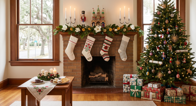 christmas A neatly organized, bright living room decorated for Christmas, featuring a blend of global traditions. A brick fireplace is central, adorned with magnolia leaves, dried citrus slices, white candles, a wooden nutcracker, and a traditional German Christmas pyramid (Pyramide). Four distinct embroidered knit stockings hang from the mantel. To the right stands an evergreen tree decorated with straw stars, glass ornaments, Ukrainian-style painted eggs, and British Christmas crackers, surrounded by wrapped gifts. On a wooden coffee table in the foreground sits an Advent wreath with four lit white candles and plates of traditional holiday cookies. Large windows show a sunny, tree-lined view outside.