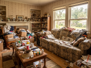 Resolutions that will help you declutter your home A photorealistic wide-angle photograph taken inside a heavily cluttered, modest living room. The room has patterned beige wallpaper and dark wood trim. Two windows on the back wall look out onto a typical suburban street lined with trees and modest houses, indicating a residential neighborhood. A patterned, worn sofa is almost entirely obscured by blankets, papers, and clothing. A coffee table in the center is covered by a dense jumble of objects, including multiple beverage cans, mugs, a computer keyboard, a remote, sun visors, sunglasses, a variety of small prescription pill bottles, and loose papers. To the left, a wooden rocking chair is buried under piles of clothing and stacked cardboard boxes. Multiple overflowing cardboard boxes filled with miscellaneous items are stacked on the floor throughout the room and near the windows, blocking pathways and window access. Shelves built into the walls are crammed with books and framed photos. The floor is cluttered with various cables and more papers. The natural light from the windows illuminates the extensive disarray.