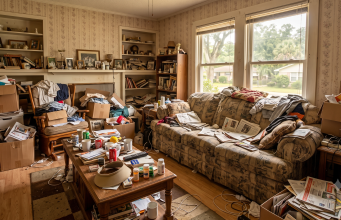 Resolutions that will help you declutter your home A photorealistic wide-angle photograph taken inside a heavily cluttered, modest living room. The room has patterned beige wallpaper and dark wood trim. Two windows on the back wall look out onto a typical suburban street lined with trees and modest houses, indicating a residential neighborhood. A patterned, worn sofa is almost entirely obscured by blankets, papers, and clothing. A coffee table in the center is covered by a dense jumble of objects, including multiple beverage cans, mugs, a computer keyboard, a remote, sun visors, sunglasses, a variety of small prescription pill bottles, and loose papers. To the left, a wooden rocking chair is buried under piles of clothing and stacked cardboard boxes. Multiple overflowing cardboard boxes filled with miscellaneous items are stacked on the floor throughout the room and near the windows, blocking pathways and window access. Shelves built into the walls are crammed with books and framed photos. The floor is cluttered with various cables and more papers. The natural light from the windows illuminates the extensive disarray.