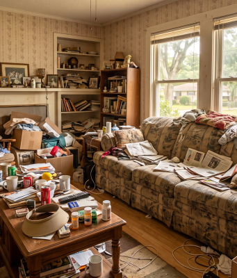 Resolutions that will help you declutter your home A photorealistic wide-angle photograph taken inside a heavily cluttered, modest living room. The room has patterned beige wallpaper and dark wood trim. Two windows on the back wall look out onto a typical suburban street lined with trees and modest houses, indicating a residential neighborhood. A patterned, worn sofa is almost entirely obscured by blankets, papers, and clothing. A coffee table in the center is covered by a dense jumble of objects, including multiple beverage cans, mugs, a computer keyboard, a remote, sun visors, sunglasses, a variety of small prescription pill bottles, and loose papers. To the left, a wooden rocking chair is buried under piles of clothing and stacked cardboard boxes. Multiple overflowing cardboard boxes filled with miscellaneous items are stacked on the floor throughout the room and near the windows, blocking pathways and window access. Shelves built into the walls are crammed with books and framed photos. The floor is cluttered with various cables and more papers. The natural light from the windows illuminates the extensive disarray.