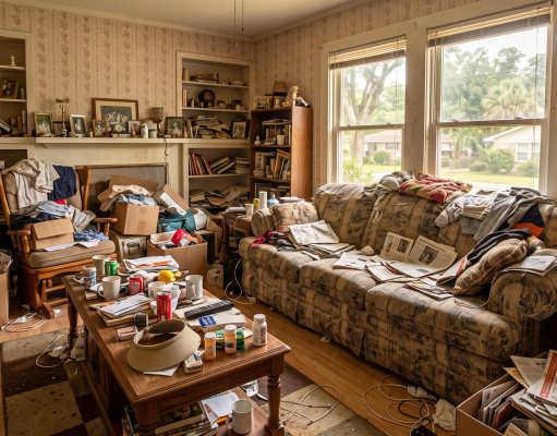 Resolutions that will help you declutter your home A photorealistic wide-angle photograph taken inside a heavily cluttered, modest living room. The room has patterned beige wallpaper and dark wood trim. Two windows on the back wall look out onto a typical suburban street lined with trees and modest houses, indicating a residential neighborhood. A patterned, worn sofa is almost entirely obscured by blankets, papers, and clothing. A coffee table in the center is covered by a dense jumble of objects, including multiple beverage cans, mugs, a computer keyboard, a remote, sun visors, sunglasses, a variety of small prescription pill bottles, and loose papers. To the left, a wooden rocking chair is buried under piles of clothing and stacked cardboard boxes. Multiple overflowing cardboard boxes filled with miscellaneous items are stacked on the floor throughout the room and near the windows, blocking pathways and window access. Shelves built into the walls are crammed with books and framed photos. The floor is cluttered with various cables and more papers. The natural light from the windows illuminates the extensive disarray.