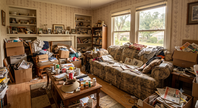 A photorealistic wide-angle photograph taken inside a heavily cluttered, modest living room. The room has patterned beige wallpaper and dark wood trim. Two windows on the back wall look out onto a typical suburban street lined with trees and modest houses, indicating a residential neighborhood. A patterned, worn sofa is almost entirely obscured by blankets, papers, and clothing. A coffee table in the center is covered by a dense jumble of objects, including multiple beverage cans, mugs, a computer keyboard, a remote, sun visors, sunglasses, a variety of small prescription pill bottles, and loose papers. To the left, a wooden rocking chair is buried under piles of clothing and stacked cardboard boxes. Multiple overflowing cardboard boxes filled with miscellaneous items are stacked on the floor throughout the room and near the windows, blocking pathways and window access. Shelves built into the walls are crammed with books and framed photos. The floor is cluttered with various cables and more papers. The natural light from the windows illuminates the extensive disarray.
