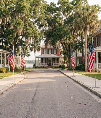 How Flag Day got its start A wide, eye-level photograph looking down a quiet, sunlit residential street lined with historic brick and wooden-siding homes. Large American flags on temporary metal stands line both sides of the concrete sidewalk, leading toward the end of the road. Additional American flags and patriotic bunting hang from the front porches of the houses. Spanish moss drapes from mature oak and palm trees framing the quiet asphalt street under a bright sky.
