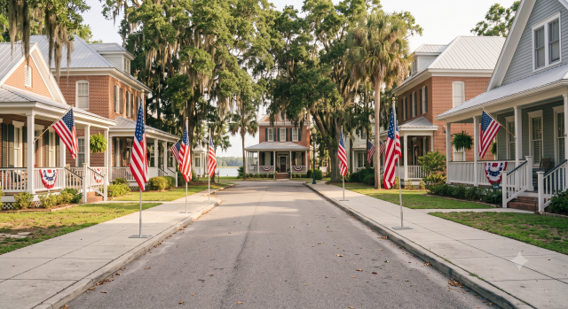 A wide, eye-level photograph looking down a quiet, sunlit residential street lined with historic brick and wooden-siding homes. Large American flags on temporary metal stands line both sides of the concrete sidewalk, leading toward the end of the road. Additional American flags and patriotic bunting hang from the front porches of the houses. Spanish moss drapes from mature oak and palm trees framing the quiet asphalt street under a bright sky.